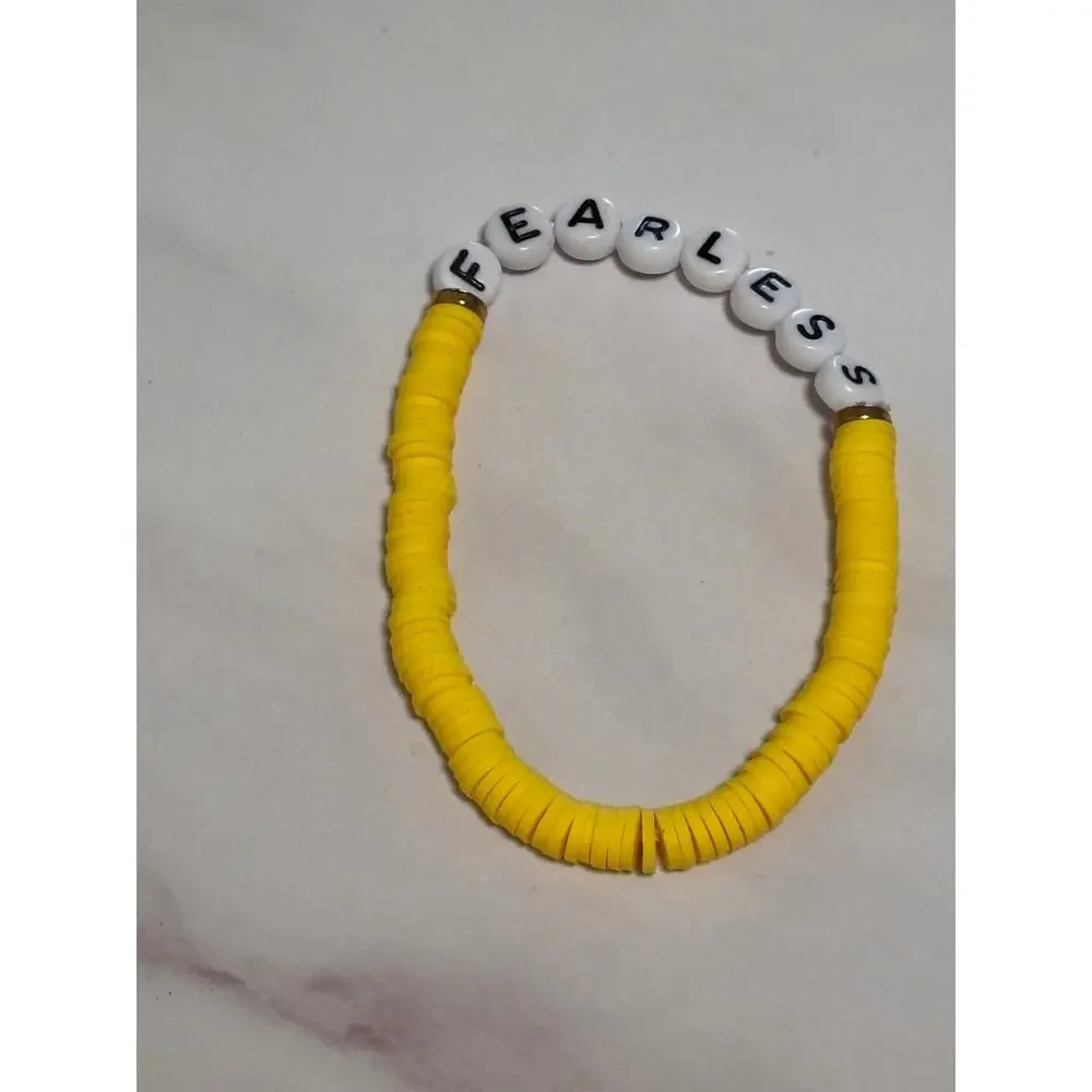 Fearless Yellow Heishi Word Bracelet 7 Inch Polymer Clay Gold White Letter Beads